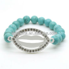 Bracelet en pierres précieuses élastique en perles rondes 8MM Turquoise avec lèvre diamant au milieu